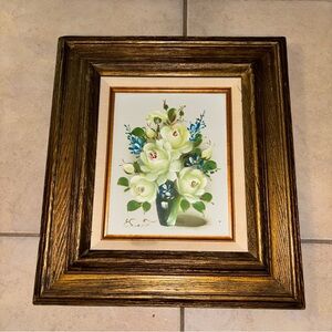 Vintage Signed Edward Oil on Board Painting 17x16 Framed Flower Vase